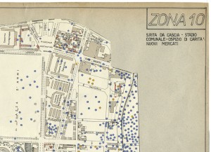 Bombe e mezzi incendiari lanciati 1:5000, 1942-1945. Zona 10: S.Rita da Cascia - Stadio Comunale - Ospizio di Carita'- Nuovi Mercati. ASCT, Tipi e disegni, cart. 68, fasc. 1 disegno 10, quadrante 1. © Archivio Storico della Città di Torino 