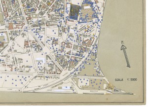 Bombe e mezzi incendiari lanciati 1:5000, 1942-1945. Zona 5: Borgo S.Paolo - Borgate Cenisia e Monginevro - Carceri Giudiziarie - Polo Nord. ASCT, Tipi e disegni, cart. 68, fasc. 1 disegno 5, quadrante 2. © Archivio Storico della Città di Torino 