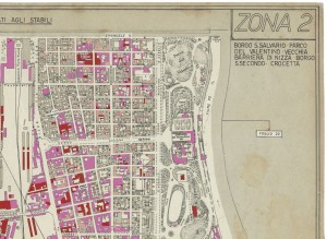 Danni arrecati agli stabili 1:5000, 1942-1945. Zona 2: Borgo San Salvario, Parco del Valentino, Vecchia Barriera di Nizza, Borgo San Secondo, Crocetta. ASCT,  Tipi e disegni, cart. 68, fasc. 2 disegno 2 – quadrante 1. © Archivio Storico della Città di Torino