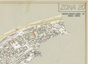 Bombe e mezzi incendiari lanciati 1:5000, 1942-1945. Zona 20: Motovelodromo - Borgo Po - Borgo Crimea. ASCT, Tipi e disegni, cart. 68, fasc. 1 disegno 20, quadrante 1. © Archivio Storico della Città di Torino