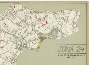 Danni arrecati agli stabili 1:5000, 1942-1945. Zona 24: Villa della regina, Valsalice, San Vito. ASCT, Tipi e disegni, cart. 68, fasc. 2 disegno 24 – quadrante 1. © Archivio Storico della Città di Torino