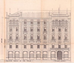 Facciata verso via Nizza - progetto edilizio casa Besozzi/Fenoglio (ASCT, PE I cat. 1909/559)