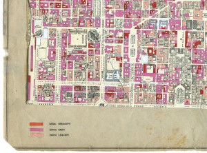 Danni arrecati agli stabili 1:5000, 1942-1945. Zona 1: Municipio, Vanchiglia, Porta Susa, Porta Nuova, Borgo Nuovo. ASCT, Tipi e disegni, cart. 68, fasc. 2 disegno 1, quadrante 3. © Archivio Storico della Città di Torino