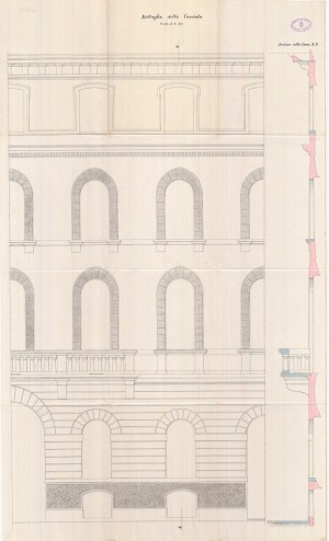 Progetto non realizzato per la legione dei Reali Carabinieri, particolare della facciata, 1888.