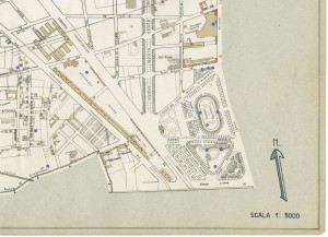 Bombe e mezzi incendiari lanciati 1:5000, 1942-1945. Zona 14: Borgata Lesna - Pozzo Strada. ASCT, Tipi e disegni, cart. 68, fasc. 1 disegno 14, quadrante 2. © Archivio Storico della Città di Torino 