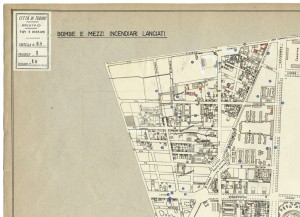 Bombe e mezzi incendiari lanciati 1:5000, 1942-1945. Zona 10: S.Rita da Cascia - Stadio Comunale - Ospizio di Carita'- Nuovi Mercati. ASCT, Tipi e disegni, cart. 68, fasc. 1 disegno 10, quadrante 4. © Archivio Storico della Città di Torino 