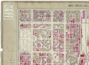 Danni arrecati agli stabili 1:5000, 1942-1945. Zona 2: Borgo San Salvario, Parco del Valentino, Vecchia Barriera di Nizza, Borgo San Secondo, Crocetta. ASCT, Tipi e disegni, cart. 68, fasc. 2 disegno 2 – quadrante 4. © Archivio Storico della Città di Torino