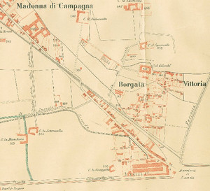 Planimetria della vecchia barriera di Lanzo (a sinistra oltre la ferrovia rispetto borgo Vittoria) nel 1892, particolare. © Archivio Storico della Città di Torino