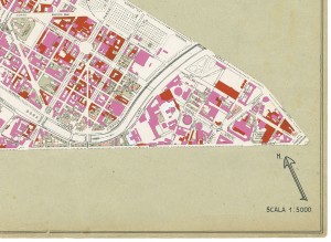 Danni arrecati agli stabili 1:5000, 1942-1945. Zona 3: Borgo Dora, Valdocco, Aurora, Borgo Rossini, Gasometro. ASCT, Tipi e disegni, cart. 68, fasc. 2 disegno 3 – quadrante 2. © Archivio Storico della Città di Torino