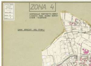 Danni arrecati agli stabili 1:5000, 1942-1945. Zona 4: Campidoglio, Martinetto, Borgo San Donato, Foro Boario, Borin, Ghieri, Tesoriera. ASCT, Tipi e disegni, cart. 68, fasc. 2 disegno 4 – quadrante 4. © Archivio Storico della Città di Torino