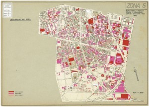 Danni arrecati agli stabili 1:5000, 1942-1945. Zona 5: Borgo San Paolo, Borgate Cenisia e Monginevro, Carceri Giudiziarie, Polo Nord. ASCT, Tipi e disegni, cart. 68, fasc. 2 disegno 5. © Archivio Storico della Città di Torino