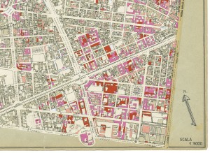 Danni arrecati agli stabili 1:5000, 1942-1945. Zona 4: Campidoglio, Martinetto, Borgo San Donato, Foro Boario, Borin, Ghieri, Tesoriera. ASCT, Tipi e disegni, cart. 68, fasc. 2 disegno 4 – quadrante 2. © Archivio Storico della Città di Torino