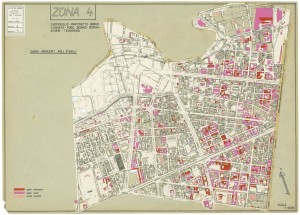 Danni arrecati agli stabili 1:5000, 1942-1945. Zona 4: Campidoglio, Martinetto, Borgo San Donato, Foro Boario, Borin, Ghieri, Tesoriera. ASCT, Tipi e disegni, cart. 68, fasc. 2 disegno 4. © Archivio Storico della Città di Torino