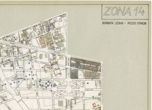 Bombe e mezzi incendiari lanciati 1:5000, 1942-1945. Zona 14: Borgata Lesna - Pozzo Strada. ASCT, Tipi e disegni, cart. 68, fasc. 1 disegno 14, quadrante 1. © Archivio Storico della Città di Torino 