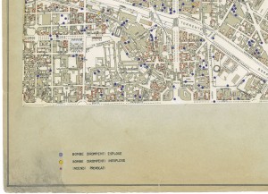 Bombe e mezzi incendiari lanciati 1:5000, 1942-1945. Zona 3: Borgo Dora - Valdocco - Aurora - Borgo Rossini - Gasometro. ASCT, Tipi e disegni, cart. 68, fasc. 1 disegno 3, quadrante 3. © Archivio Storico della Città di Torino 