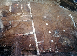 Una porzione delle strutture del magazzino; al centro sono ben visibili i pilastrini che servivano a reggere la copertura del tetto, © Soprintendenza per i Beni Archeologici del Piemonte e del Museo Antichità Egizie