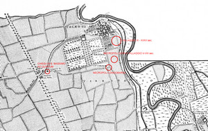 Localizzazione dei siti archeologici sulla Carta corografica dimostrativa del territorio di Torino, da Giovanni Amedeo Grossi 1791.