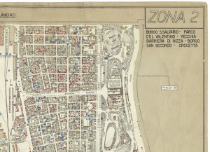 Bombe e mezzi incendiari lanciati 1:5000, 1942-1945. Zona 2: Borgo S.Salvario - Parco del Valentino - Vecchia Barriera di Nizza - Borgo San Secondo - Crocetta. ASCT, Tipi e disegni, cart. 68, fasc. 1 disegno 2, quadrante 1. © Archivio Storico della Città di Torino