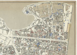 Bombe e mezzi incendiari lanciati 1:5000, 1942-1945. Zona 4: Campidoglio - Martinetto - Borgo S.Donato - Foro Boario - Boringhieri - Tesoriera. ASCT, Tipi e disegni, cart. 68, fasc. 1 disegno 4, quadrante 1. © Archivio Storico della Città di Torino