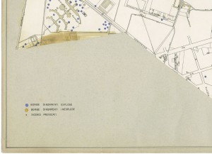 Bombe e mezzi incendiari lanciati 1:5000, 1942-1945. Zona 13: Barriera di Orbassano - Sanatorio - Gerbido. ASCT, Tipi e disegni,cart. 68, fasc. 1 disegno 13, quadrante 3. © Archivio Storico della Città di Torino