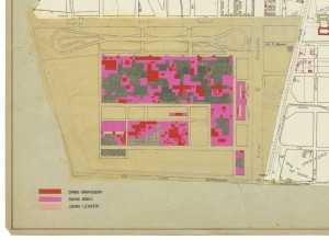 Danni arrecati agli stabili 1:5000, 1942-1945. Zona 12: Fiat Mirafiori, Lingotto Ippodromo. ASCT, Tipi e disegni, cart. 68, fasc. 2 disegno 12 – quadrante 3. © Archivio Storico della Città di Torino