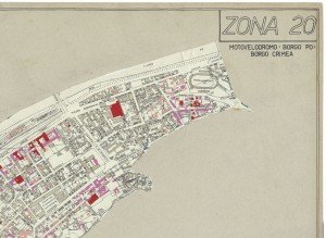 Danni arrecati agli stabili 1:5000, 1942-1945. Zona 20: Motovelodromo, Borgo Po, Borgo Crimea. ASCT, Tipi e disegni, cart. 68, fasc. 2 disegno 20 – quadrante 1. © Archivio Storico della Città di Torino