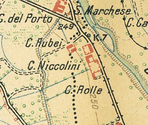 Cascina Nicolini e Cascina Arnaldi, già cascina Rubeo. Istituto Geografico Militare, Pianta di Torino e dintorni, 1911. © Archivio Storico della Città di Torino