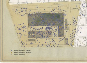 Bombe e mezzi incendiari lanciati 1:5000, 1942-1945. Zona 12: Fiat Mirafiori - Lingotto Ippodromo. ASCT, Tipi e disegni,cart. 68, fasc. 1 disegno 12, quadrante 3. © Archivio Storico della Città di Torino