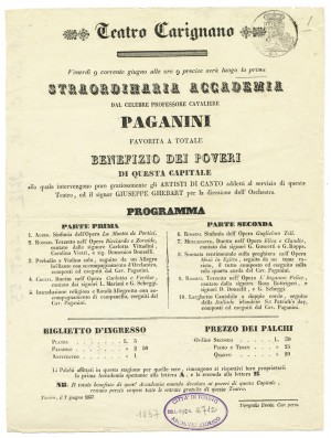 Teatro Carignano, programma del 9 giugno 1857. © Archivio Storico della Città di Torino