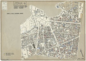 Bombe e mezzi incendiari lanciati 1:5000, 1942-1945. Zona 4: Campidoglio - Martinetto - Borgo San Donato - Foro Boario - Boringhieri - Tesoriera. ASCT, Tipi e disegni, cart. 68, fasc. 1 disegno 4. © Archivio Storico della Città di Torino