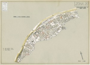 Bombe e mezzi incendiari lanciati 1:5000, 1942-1945. Zona 20: Motovelodromo - Borgo Po - Borgo Crimea. ASCT, Tipi e disegni, cart. 68, fasc. 1 disegno 20. © Archivio Storico della Città di Torino    