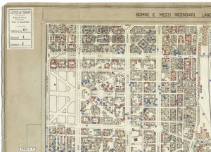 Bombe e mezzi incendiari lanciati 1:5000, 1942-1945. Zona 2: Borgo S.Salvario - Parco del Valentino - Vecchia Barriera di Nizza - Borgo San Secondo - Crocetta. ASCT, Tipi e disegni, cart. 68, fasc. 1 disegno 2, quadrante 4. © Archivio Storico della Città di Torino