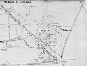 Particolare della planimetria del territorio fuori cinta nel 1892 con in evidenza la strada provinciale di Lanzo nel tratto della futura via Giachino. © Archivio Storico della Città di Torino