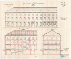 Progetto di un edificio per Magazzino centrale militare, sezione e prospetto, 1885.
