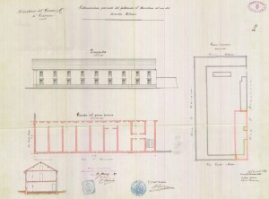 Progetto di sistemazione parziale del fabbricato San Mercellino ad uso del distretto militare: pianta, prospetto e sezione, 1889.