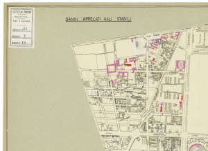 Danni arrecati agli stabili 1:5000, 1942-1945. Zona 10: Santa Rita da Cascia, Stadio Comunale, Ospizio di Carità nuovi mercati. ASCT, Tipi e disegni, cart. 68, fasc. 2 disegno 10 – quadrante 4. © Archivio Storico della Città di Torino