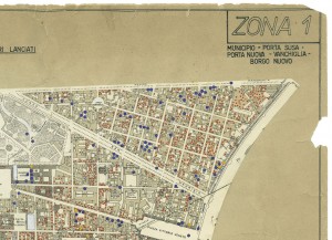 Bombe e mezzi incendiari lanciati 1:5000, 1942-1945. Zona 1: Municipio - Porta Susa - Porta nuova - Vanchiglia - Borgo Nuovo. ASCT, Tipi e disegni, cart. 68, fasc. 1 disegno 1, quadrante 1. © Archivio Storico della Città di Torino 