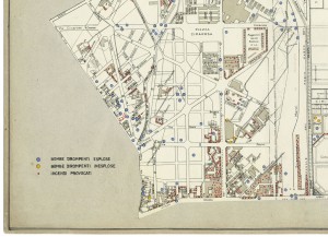 Bombe e mezzi incendiari lanciati 1:5000, 1942-1945. Zona 6: Vanchiglietta - Cimitero Generale - Borgata Maddalene - Regio Parco. ASCT, Tipi e disegni, cart. 68, fasc. 1 disegno 6, quadrante 3. © Archivio Storico della Città di Torino 