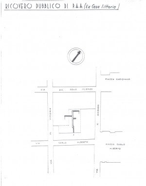 Planimetria del ricovero pubblico ex casa Littoria Palazzo Campana, scala 1:1500. ASCT, Miscellanea sicurezza pubblica 58. © Archivio Storico della Città di Torino