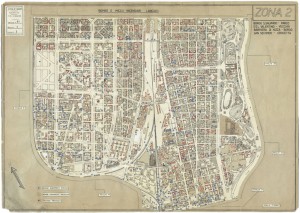 Bombe e mezzi incendiari lanciati 1:5000, 1942-1945. Zona 2: Borgo S.Salvario - Parco del Valentino - Vecchia Barriera di Nizza - Borgo San Secondo - Crocetta. ASCT, Tipi e disegni, cart. 68, fasc. 1 disegno 2. © Archivio Storico della Città di Torino