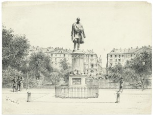 Monumento a Massimo d’Azeglio (1867-1873) di Alfonso Balzico davanti ai giardini di piazza Carlo Felice. Litografia di Perrachio. © Archivio Storico della Città di Torino.