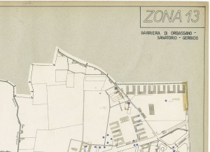 Bombe e mezzi incendiari lanciati 1:5000, 1942-1945. Zona 13: Barriera di Orbassano - Sanatorio - Gerbido. ASCT, Tipi e disegni,cart. 68, fasc. 1 disegno 13, quadrante 1. © Archivio Storico della Città di Torino 