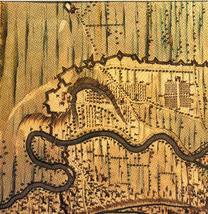 Particolare della doppia ansa a forma di S della Dora con la curva morta dopo il taglio del 1498, in Theatrum Sabaudie, Torino. Assedio del 1640. Pianta. Incisione anonima su disegno (1671) di Tommasio Borgonio.