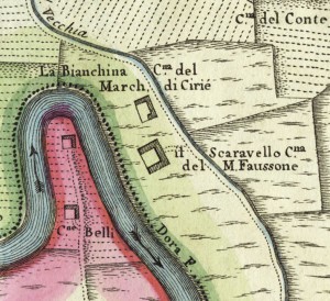 Cascina Bianchina e cascina Scaravella. Amedeo Grossi, Carta Corografica dimostrativa del territorio della Città di Torino, 1791. © Archivio Storico della Città di Torino