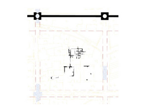 Disegno ricostruttivo dell’intero isolato; a nord è riconoscibile la domus di via Bonelli, © Soprintendenza per i Beni Archeologici del Piemonte e del Museo Antichità Egizie.