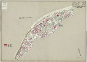 Danni arrecati agli stabili 1:5000, 1942-1945. Zona 20: Motovelodromo, Borgo Po, Borgo Crimea. ASCT, Tipi e disegni, cart. 68, fasc. 2 disegno 20. © Archivio Storico della Città di Torino