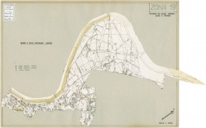 Bombe e mezzi incendiari lanciati 1:5000, 1942-1945. Zona 19: Madonna del Pilone - Borgate Sassi e Meisino. ASCT, Tipi e disegni, cart. 68, fasc. 1 disegno 19. © Archivio Storico della Città di Torino