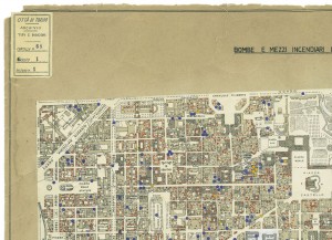 Bombe e mezzi incendiari lanciati 1:5000, 1942-1945. Zona 1: Municipio - Porta Susa - Porta nuova - Vanchiglia - Borgo Nuovo. ASCT, Tipi e disegni, cart. 68, fasc. 1 disegno 1, quadrante 4. © Archivio Storico della Città di Torino
