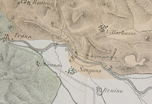 Stralcio della carta del 1877 di Calandra. In arancione chiaro è riportata l’area, che, secondo l’autore, era occupata dalla morena scomparsa