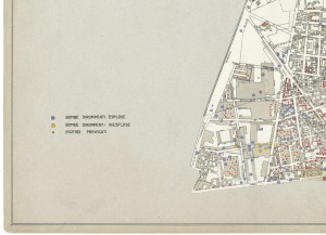 Bombe e mezzi incendiari lanciati 1:5000, 1942-1945. Zona 7: Borgate Monterosa e Montebianco - Barriera DI Milano. ASCT, Tipi e disegni, cart. 68, fasc. 1 disegno 7, quadrante 3. © Archivio Storico della Città di Torino 